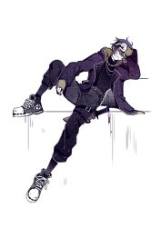 Rule 34 | 1boy, black nails, black pants, chain, chain necklace, esse shoto ovo, gold chain, gold necklace, highres, indie virtual youtuber, jacket, jewelry, long sleeves, looking at viewer, male focus, necklace, pants, purple eyes, purple hair, purple jacket, shoes, short hair, shoto (vtuber), sneakers, sword earrings, virtual youtuber