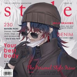 Rule 34 | 1boy, black coat, black gloves, black headwear, black shirt, blade (honkai: star rail), closed mouth, coat, cover, earrings, english text, glasses, gloves, honkai: star rail, honkai (series), jewelry, long hair, magazine cover, male focus, mask, mouth mask, parody, parted bangs, red hair, shirt, single earring, solo, sunglasses, trench coat, upper body, white background, xiayou1104