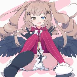 Rule 34 | 1girl, black gloves, black skirt, black wings, blue eyes, blush, bow, bowtie, braid, brown hair, drill hair, fang, feathered wings, female focus, flat chest, frilled skirt, frills, full body, gloves, hair ornament, half-closed eyes, hands up, happy, heterochromia, highres, knees up, long hair, m/, open mouth, pink background, puffy short sleeves, puffy sleeves, red shirt, red thighhighs, shiny skin, shirt, shoes, short sleeves, simple background, sitting, skin fang, skirt, smile, solo, striped clothes, striped thighhighs, thighhighs, totomono, twin drills, twintails, two-tone background, virtual youtuber, w, white bow, white bowtie, white footwear, wings, x enc&#039;ount, yellow eyes