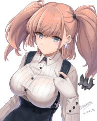 Rule 34 | 1girl, artist name, atlanta (kancolle), black skirt, blue eyes, bra visible through clothes, brown hair, buttons, earrings, gloves, high-waist skirt, jewelry, kantai collection, long hair, long sleeves, medara, no headwear, no headwear, partially fingerless gloves, shirt, simple background, skirt, solo, suspender skirt, suspenders, twintails, two side up, white background, white gloves, white shirt