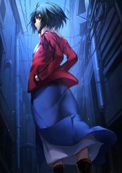 Rule 34 | 1girl, black eyes, black footwear, black hair, blue kimono, fate/grand order, fate (series), glint, herigaru (fvgyvr000), highres, jacket, japanese clothes, kara no kyoukai, kimono, knife, long sleeves, looking at viewer, looking back, open clothes, open jacket, outdoors, profile, red jacket, ryougi shiki, short hair, solo, standing, weapon