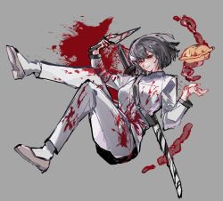 Rule 34 | 1girl, adorabilis, black hair, blood, blood on clothes, blood on face, closed mouth, food, full body, grey background, holding, holding knife, intestines, jacket, katana, knife, limbus company, long sleeves, looking at viewer, pants, pie, project moon, red eyes, ryoshu (project moon), shoes, short hair, simple background, smile, socks, solo, sword, weapon, white footwear, white jacket, white pants, white socks