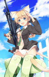 Rule 34 | 00s, 1girl, animal ears, anti-materiel rifle, braid, breasts, cat ears, cat tail, day, gun, hamayumiba sou, lynette bishop, medium breasts, non-web source, open clothes, open shirt, panties, ribbon, rifle, salute, shirt, single braid, sniper rifle, solo, strike witches, tail, underwear, weapon, world witches series