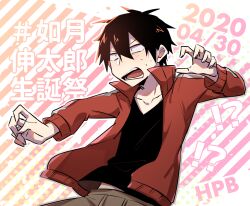 Rule 34 | !?, 1boy, black eyes, black hair, black shirt, brown pants, casual, character name, collarbone, collared jacket, commentary request, cowboy shot, dated, diagonal stripes, double-parted bangs, hair between eyes, hashtag, highres, imouto 37, jacket, kagerou project, kisaragi shintarou, light blush, long bangs, long sleeves, looking ahead, male focus, midriff peek, open clothes, open jacket, open mouth, pants, pink background, popped collar, shirt, short hair, single stripe, solo, striped background, striped clothes, striped jacket, surprised, sweat, t-shirt, teeth, text background, track jacket, two-tone background, v-neck, white background, white stripes, wide-eyed