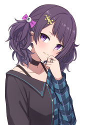 Rule 34 | 1girl, asymmetrical clothes, black choker, black shirt, blush, bow, buttons, choker, closed mouth, collarbone, diagonal bangs, eyeball hair ornament, highres, idolmaster, idolmaster shiny colors, jewelry, long hair, looking at viewer, purple bow, purple eyes, purple hair, ring, shirt, simple background, smile, solo, tanaka mamimi, twintails, upper body, white background, yahiro (epicopeiidae)