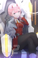 Rule 34 | 10s, 1girl, black pantyhose, blush, bomhat, breasts, commentary request, crossed legs, darling in the franxx, gloves, green eyes, hairband, highres, horns, long hair, long sleeves, looking at viewer, medium breasts, pantyhose, pink hair, sitting, smile, solo, tongue, uniform, very long hair, white gloves, zero two (darling in the franxx)