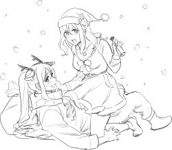 Rule 34 | 2girls, animal costume, antlers, bag, bell, bow, bowtie, christmas, commentary request, dress, full body, girl on top, greyscale, hat, holding, holding bell, horns, korean commentary, long sleeves, looking at viewer, love live!, love live! sunshine!!, lying, matsuura kanan, monochrome, multiple girls, ohara mari, on back, open mouth, pito (sh02327), ponytail, reindeer antlers, reindeer costume, santa dress, santa hat, scar, smile, snowing, straddling, sweatdrop, yuri