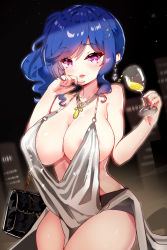 Rule 34 | 14c, 1girl, absurdres, alcohol, areola slip, azur lane, backless dress, backless outfit, bad id, bad pixiv id, bag, bare shoulders, blue hair, blue nails, blush, breasts, cityscape, cleavage, commentary request, cup, dress, drinking glass, earrings, evening gown, finger to cheek, grey dress, hair between eyes, hair ornament, hairclip, halter dress, halterneck, handbag, highres, holding, holding cup, indoors, jewelry, large breasts, looking at viewer, nail polish, necklace, night, night sky, pink eyes, plunging neckline, revealing clothes, side ponytail, sidelocks, silver dress, sky, st. louis (azur lane), st. louis (luxurious wheels) (azur lane), standing, thighs