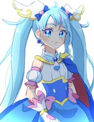 Rule 34 | 1girl, asymmetrical clothes, blue cape, blue dress, blue eyes, blue hair, blue theme, cape, commentary request, cure sky, detached sleeves, dress, earrings, eyelashes, fingerless gloves, fpminnie1, gloves, hair ornament, happy, highres, hirogaru sky! precure, jewelry, light blue hair, long hair, looking at viewer, magical girl, multicolored hair, pink hair, precure, puffy short sleeves, puffy sleeves, short sleeves, simple background, smile, solo, sora harewataru, standing, streaked hair, twintails, very long hair, white background, white gloves