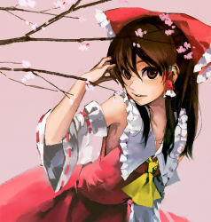 Rule 34 | 1girl, ascot, bow, branch, brown eyes, brown hair, cherry blossoms, detached sleeves, female focus, flat chest, hair bow, hakurei reimu, japanese clothes, kayako (tdxxxk), leaning forward, lips, miko, solo, touhou