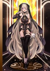Rule 34 | 1girl, absurdly long hair, absurdres, artist logo, artist name, blonde hair, boots, breasts, collar, cross, garter belt, garter strap, garter straps, hair over one eye, highres, holding, holding sword, holding weapon, impossible clothes, large breasts, leggings, long hair, looking at viewer, nun, open mouth, original, purple eyes, rapier, revealing clothes, seabread, sideboob, stained glass, stained glass window, sword, teeth, veil, very long hair, weapon