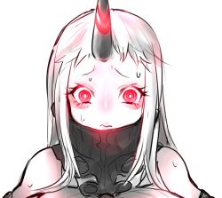 Rule 34 | 10s, 1girl, abyssal ship, bad id, bad pixiv id, breasts, colored skin, glowing, glowing eyes, gomio (bb-k), horns, kantai collection, large breasts, long hair, red eyes, seaport princess, single horn, solo, sweat, transparent background, white hair, white skin
