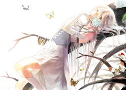 Rule 34 | 1girl, boots, bug, butterfly, detached sleeves, dress, flower, bug, lily (flower), looking at viewer, lying, moekon, on back, original, silver hair, solo, yellow eyes