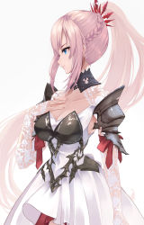 Rule 34 | 1girl, absurdres, armor, blue eyes, braid, breasts, cleavage, cowboy shot, crown braid, dress, hand on own chest, highres, long hair, medium breasts, pink hair, ponytail, risumi (taka-fallcherryblossom), shionne (tales), shoulder armor, sidelocks, simple background, solo, tales of (series), tales of arise, very long hair, white background, white dress
