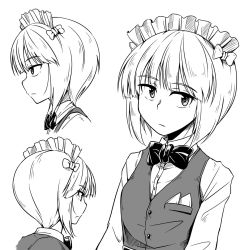 Rule 34 | 1girl, bartender, blunt bangs, bow, bowtie, closed mouth, cropped torso, cutlass (girls und panzer), dress shirt, from behind, from side, frown, girls und panzer, greyscale, handkerchief, highres, kitayama miuki, long sleeves, looking at viewer, maid headdress, monochrome, multiple views, school uniform, shirt, short hair, smile, vest, wing collar