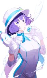 Rule 34 | 1girl, blue eyes, blue hair, bottle, breasts, commentary request, covered navel, dress, flower, gloves, hat, hat flower, highres, holding, holding bottle, looking at viewer, medium breasts, short hair, solo, suntory, suntory nomu, tatara (alnath may), virtual youtuber, water, water bottle, white gloves, white hat