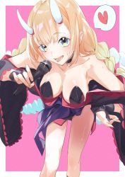 Rule 34 | 1girl, :d, absurdres, bare shoulders, blonde hair, blue eyes, braid, breasts, cleavage, collarbone, costume, detached sleeves, fingerless gloves, gloves, halloween costume, heart, highres, horns, medium breasts, microphone, open mouth, paripi koumei, smile, solo, spoken heart, sweat, tsukimi eiko, twin braids, zhenxuankuang
