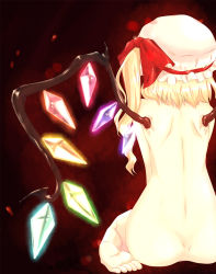 Rule 34 | 1girl, ass, ayase non, back, bad id, bad pixiv id, barefoot, blonde hair, crystal, feet, female focus, flandre scarlet, from behind, hat, highres, kneeling, nude, one side up, side ponytail, sitting, soles, solo, embodiment of scarlet devil, touhou, wariza, wings