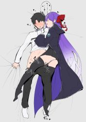 Rule 34 | 10s, 1boy, 1girl, :d, absurdly long hair, ass, bb (fate), bb (fate/extra), bed sheet, black hair, black pants, black skirt, black thighhighs, blue cloak, blush, cloak, closed eyes, clothes pull, collared jacket, commentary request, faceless, faceless male, fate/extra, fate/extra ccc, fate/grand order, fate (series), finger in another&#039;s mouth, fujimaru ritsuka (male), full-face blush, gloves, hair ribbon, heart, hetero, highres, jacket, jikatarou, kneepit sex, long hair, long sleeves, lying, no shoes, on back, on bed, on side, open mouth, panties, pants, pants pull, pleated skirt, red ribbon, ribbon, sheet grab, skirt, smile, socks, spoken heart, thighhighs, underwear, very long hair, white gloves, white jacket, white panties, white thighhighs