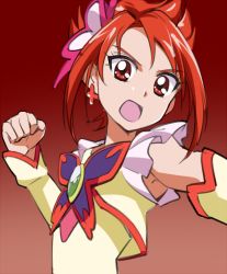Rule 34 | 00s, 1girl, cure rouge, earrings, haiteku, jewelry, looking at viewer, magical girl, natsuki rin, open mouth, precure, red background, red eyes, red hair, short hair, solo, yes! precure 5