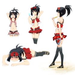 Rule 34 | 00s, 1girl, :3, armpits, arms behind back, arms up, back, bare shoulders, belt, black hair, black thighhighs, blue eyes, blush, bow, closed eyes, crescent, crescent moon, duplicate, flapper shirt, flat chest, food, hair bow, hair ribbon, hand fan, highres, kunihiro hajime, looking at viewer, lying, midiman, midriff, miniskirt, moon, multiple views, navel, no bra, ponytail, popsicle, revealing clothes, ribbon, saki (manga), sandals, shirt, short hair, simple background, skirt, smile, star (symbol), strap slip, sweat, tattoo, thighhighs