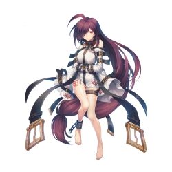 Rule 34 | 1girl, absurdly long hair, ahoge, arm belt, artist request, bare legs, bare shoulders, barefoot, belt, belt buckle, black belt, bound, bound arms, buckle, chain, chained, final gear, full body, gold buckle, highres, knees, logo, long hair, long sleeves, looking at viewer, low-tied long hair, low ponytail, name tag, number print, numbered, o-ring, off shoulder, official art, pn99 (final gear), ponytail, purple hair, red eyes, sidelocks, simple background, solo, tachi-e, thigh belt, thigh strap, third-party source, transparent background, very long hair, white sleeves, worried, zipper, zipper pull tab