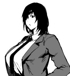 Rule 34 | 1girl, black hair, black jacket, black necktie, breasts, chainsaw man, collared shirt, eyepatch, formal, fujou joshi, greyscale, himeno (chainsaw man), jacket, large breasts, looking at viewer, medium hair, monochrome, necktie, open mouth, shirt, simple background, solo, suit, white background, white shirt