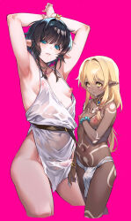 Rule 34 | 2boys, absurdres, androgynous, armpits, arms up, black hair, blonde hair, blue eyes, body markings, bracelet, bulge, cropped legs, dark-skinned male, dark skin, dress, elf, erection, erection under clothes, facial mark, fundoshi, hair intakes, highres, japanese clothes, jewelry, long hair, looking at viewer, multiple boys, navel, necklace, nipples, original, parted lips, pink background, pointy ears, puffy chest, sash, see-through, shirou, sidelocks, simple background, thighs, trap, yellow eyes