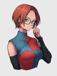 Rule 34 | 1girl, alternate hair length, alternate hairstyle, android 21, black-framed eyewear, black sleeves, blue eyes, breasts, checkered clothes, checkered dress, closed mouth, detached sleeves, dragon ball, dragon ball fighterz, dress, earrings, glasses, grey background, hoop earrings, jewelry, kemachiku, looking at viewer, medium breasts, red hair, short hair, simple background, solo, upper body