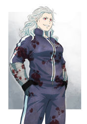 Rule 34 | 1girl, azasuke, bandages, bandaged arm, bandages, black gloves, blood, blood on clothes, breasts, cowboy shot, dorohedoro, earrings, gloves, grey hair, grin, hands in pockets, highres, jacket, jewelry, large breasts, multiple earrings, noi (dorohedoro), red eyes, smile, solo, stud earrings, track jacket, wavy hair