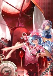 Rule 34 | 2girls, apron, barefoot, bat wings, blue dress, blue hair, braid, chain, chair, crossed arms, cup, curtains, dress, drinking glass, female focus, full moon, hair over one eye, hair ribbon, hat, hat ribbon, izayoi sakuya, jiji (381134808), knife, looking at viewer, maid, maid apron, maid headdress, moon, multiple girls, night, open mouth, petals, pink dress, pocket watch, puffy sleeves, red moon, red upholstery, remilia scarlet, ribbon, short sleeves, sitting, sky, smile, spilling, star (sky), touhou, twin braids, waist apron, watch, window, wine glass, wings, wrist cuffs