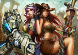 Rule 34 | 2girls, absurdres, ammunition belt, artist request, back-to-back, breasts, brown eyes, brown hair, bustier, caitlyn (league of legends), fingerless gloves, gauntlets, gevurah-studios, gloves, goggles, goggles on head, gun, hat, highres, large breasts, league of legends, long hair, looking at viewer, midriff, miniskirt, multiple girls, parted lips, pink eyes, pink hair, rifle, short hair, skirt, sniper rifle, vi (league of legends), weapon