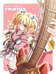 Rule 34 | bass guitar, blonde hair, blue eyes, blush, capcom, detached sleeves, geisya, hunting horn, instrument, monster hunter, monster hunter (series), monster hunter frontier, rioduo (armor), skirt, solo, twintails