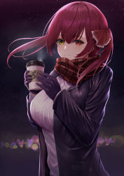 Rule 34 | 1girl, absurdres, bad id, bad pixiv id, black background, black coat, black gloves, black jacket, blurry, blurry background, blush, bokeh, breasts, chun (sks rr), coat, cup, depth of field, disposable cup, floating hair, gloves, hair over shoulder, hair ribbon, hands up, heterochromia, highres, holding, holding cup, hololive, houshou marine, jacket, large breasts, leather, leather jacket, lipgloss, long hair, long sleeves, looking at viewer, night, plaid, plaid scarf, red eyes, red hair, red scarf, ribbed sweater, ribbon, scarf, smile, solo, star (sky), steam, sweater, twintails, upper body, virtual youtuber, white sweater, wind, yellow eyes