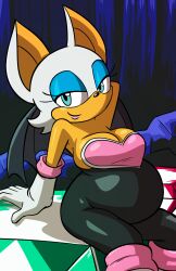 Rule 34 | 1girl, absurdres, axel-rosered, axel rosered, bat wings, big belly, breasts, highres, large breasts, lipstick, makeup, master emerald, rouge the bat, sitting, smile, smirk, solo, sonic (series), thighs, wings