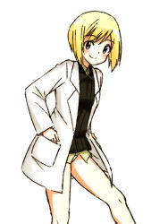 Rule 34 | 1girl, blonde hair, blue eyes, blush, bob cut, collared shirt, cosplay, erica hartmann, hatopoo (beach7pijon), lab coat, long sleeves, military, military uniform, panties, shirt, short hair, simple background, smile, solo, strike witches, strike witches: suomus misfits squadron, underwear, uniform, ursula hartmann, ursula hartmann (cosplay), white background, white panties, world witches series