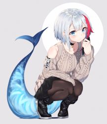 Rule 34 | 1girl, admiral graf spee (azur lane), admiral graf spee (daily peaceful life) (azur lane), admiral graf spee (peaceful daily life) (azur lane), aran sweater, azur lane, bare shoulders, blue eyes, blush, cable knit, cellphone, choker, clothing cutout, fins, fish tail, grey background, highres, joker (tomakin524), knees together feet apart, long sleeves, multicolored hair, pantyhose, phone, red hair, shoes, short hair, shoulder cutout, silver hair, simple background, skirt, solo, squatting, streaked hair, sweater, tail, white sweater
