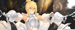 Rule 34 | 1girl, ahoge, armor, armored dress, artoria pendragon (fate), bare shoulders, bigegg, blonde hair, bow, capcom, detached sleeves, fate/stay night, fate/unlimited codes, fate (series), gauntlets, green eyes, hair bow, highres, light smile, outstretched arms, ponytail, saber (fate), saber lily, solo
