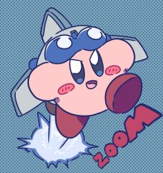 Rule 34 | absurdres, blue-tinted eyewear, blue background, blue eyes, blush, blush stickers, english text, eyewear on head, flat color, flying, full body, goggles, happy, highres, jet kirby, kirby, kirby (series), looking at viewer, miwa (ahyuck), nintendo, no humans, open mouth, polka dot, polka dot background, rocket, simple background, sketch, smile, solid oval eyes, solo, tinted eyewear, v-shaped eyebrows