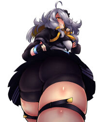 Rule 34 | 1girl, absurdres, ahoge, ass, ass focus, bike shorts, black shorts, breasts, clothes lift, come hither, fingerless gloves, from behind, from below, gloves, grey hair, grin, hair over one eye, highres, huge ass, jacket, knifejoker rx, large breasts, long hair, looking at viewer, looking down, miniskirt, naughty face, orange eyes, shorts, sideboob, skirt, skirt lift, smile, solo, thick thighs, thigh strap, thighs, tower of fantasy, tsubasa (tower of fantasy)