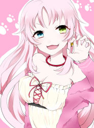Rule 34 | 1girl, bell, belted dress, blue eyes, claw pose, collar, dress, earrings, fang, green eyes, heterochromia, highres, jewelry, k-project, lace, long hair, looking at viewer, neko (k-project), paw print, pink hair, sweater, very long hair, white dress