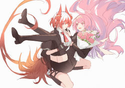 Rule 34 | 2girls, animal ears, arknights, bird ears, bird girl, bird tail, black dress, black footwear, black jacket, black skirt, boots, bouquet, breasts, carrying, collared shirt, detached wings, dress, energy wings, fiammetta (arknights), floating hair, flower, halo, highres, holding, holding bouquet, jacket, lemuen (arknights), long hair, luren max, medium breasts, multicolored hair, multiple girls, open clothes, open jacket, pink eyes, pink flower, pink hair, princess carry, red hair, seiza, shirt, simple background, sitting, sketch, skirt, tail, thigh boots, two-tone hair, very long hair, white background, white hair, white shirt, wings, yuri