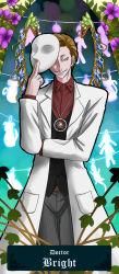Rule 34 | 1boy, art nouveau, blonde hair, character name, dragon ash, flower, grey eyes, highres, jack bright, jewelry, lab coat, male focus, mask, unworn mask, necklace, pendant, scp foundation, smile, solo, tarot