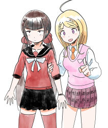 Rule 34 | 2girls, ahoge, akamatsu kaede, black sailor collar, black skirt, black wristband, blonde hair, blunt bangs, bow, bowtie, breasts, brown hair, closed mouth, collared shirt, commentary, cowboy shot, danganronpa (series), danganronpa v3: killing harmony, english commentary, flower, flower brooch, fortissimo, hair ornament, hair scrunchie, hand on another&#039;s arm, happy, harukawa maki, large breasts, light blush, long hair, long sleeves, looking at viewer, low twintails, miniskirt, mole, mole under eye, multiple girls, musical note, musical note hair ornament, musical note print, necktie, open mouth, orange necktie, pink vest, pleated skirt, pointing, pointing up, purple eyes, purple skirt, qosic, red eyes, red scrunchie, red shirt, red thighhighs, sailor collar, school uniform, scrunchie, serafuku, shirt, signature, simple background, sketch, skirt, sleeves past elbows, small breasts, smile, straight hair, thighhighs, twintails, very long hair, vest, white background, white bow, white bowtie, white flower, white shirt, wide-eyed, zettai ryouiki