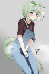 Rule 34 | 1girl, animal ears, animalization, black shirt, blue eyes, blue overalls, blush, green hair, grey background, hair between eyes, hair ornament, highres, horse ears, horse girl, horse tail, overalls, pee, peeing, peeing self, seiun sky (umamusume), shirt, simple background, tail, tears, umamusume