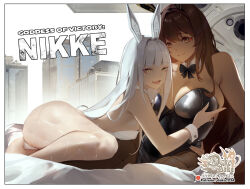 Rule 34 | 2girls, animal ears, ass, black bow, black bowtie, blanc (nikke), bow, bowtie, breasts, brown eyes, brown hair, cleavage, commentary, copyright name, detached collar, english commentary, fake animal ears, fishnet pantyhose, fishnets, goddess of victory: nikke, highres, hu dako, large breasts, leotard, long hair, looking at viewer, multiple girls, noir (nikke), open mouth, pantyhose, patreon username, playboy bunny, rabbit ears, siblings, sisters, small breasts, smile, tan, thighs, white hair, yellow eyes