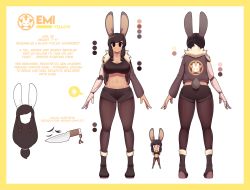 Rule 34 | 1girl, absurdres, animal ears, ass, blush, breasts, brown eyes, brown hair, brown jacket, brown pantyhose, character sheet, cleavage, closed eyes, fizintine, highres, jacket, large breasts, looking at viewer, multiple views, navel, original, pantyhose, rabbit ears, rabbit tail, simple background, smile, tail, tall female