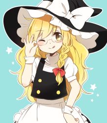 1girl ;q apron bespectacled blonde_hair bow braid buttons glasses hand_on_own_hip hat kirisame_marisa mozukuzu_(manukedori) one_eye_closed puffy_sleeves short_sleeves side_braid star_(symbol) tongue tongue_out touhou wink witch_hat yellow_eyes