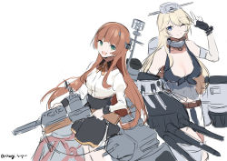 Rule 34 | 16-inch/50-caliber mark 7 gun, 2girls, adapted turret, akagi kurage, artillery, black skirt, blonde hair, blue eyes, breasts, browning auto 5, cannon, cleavage, cowboy shot, fingerless gloves, gloves, green eyes, gun, headgear, helena (kancolle), helena kai (kancolle), highres, iowa (kancolle), kantai collection, large breasts, long hair, machinery, multiple girls, naval artillery, naval gun, one-hour drawing challenge, one eye closed, simple background, skirt, turret, twitter username, weapon, white background