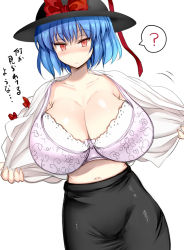 Rule 34 | 1girl, ?, blue hair, blush, bow, bra, breasts, check translation, cleavage, collarbone, floral print, hat, hat bow, huge breasts, kedamono kangoku-tou, looking at viewer, nagae iku, navel, open clothes, open shirt, pink bra, red eyes, shirt, short hair, simple background, skirt, solo, spoken question mark, touhou, translation request, underwear, white background